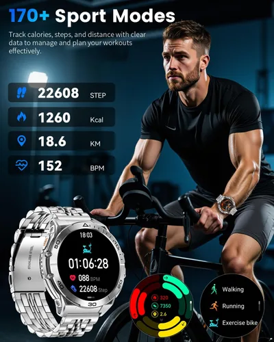 Vista 4 de Relojes inteligentes militares para hombres con llamada Bluetooth, reloj inteligente AMOLED de 1.6 pulgadas impermeable con linterna, 116 modos
