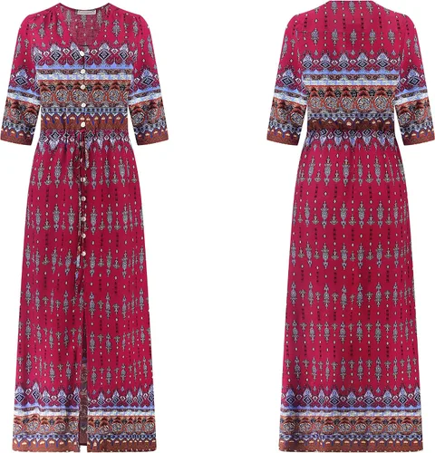 Vista 6 de R.Vivimos - Vestido bohemio a media pierna de verano para mujer con estampado floral, botones, tirantes delgados, cuello en V