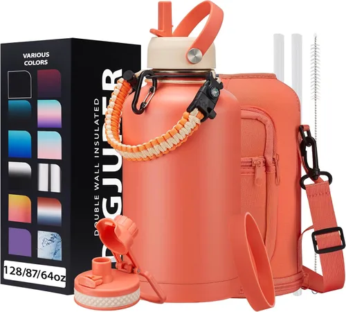 Vista 19 de Botella de agua aislada de 1 galón, con popote y tapa de pico automático, mango de paracord, funda para botella, botella de agua de acero inoxidable