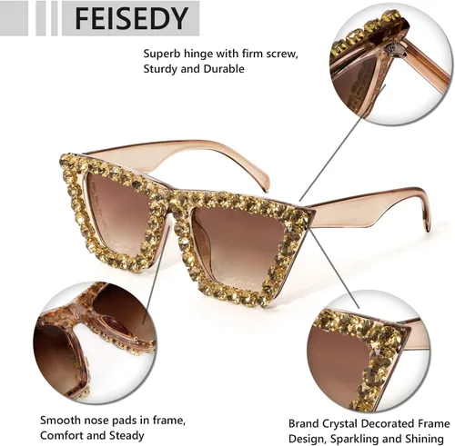 Vista 4 de FEISEDY Gafas de sol cuadradas de cristal para mujer, ojo de gato, brillantes y modernas, retro, gafas de sol B2898
