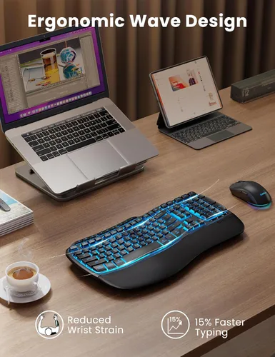 Vista 2 de Combo ergonómico de teclado y mouse inalámbricos, teclado retroiluminado recargable de 4000 mAh con un reposamanos suave de piel de cordero