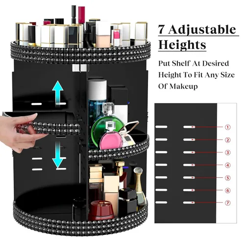 Vista 7 de Organizador de maquillaje negro con rotación de 360 grados, 7 niveles de gran capacidad, organizador de cosméticos acrílico, organizador