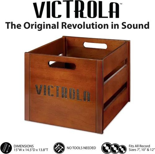 Vista 6 de Victrola Soporte de madera para centros de música de madera con estante para discos, caja de discos de madera de caoba y Victrola