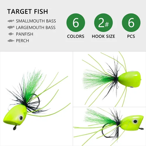 Vista 4 de BASSDASH Moscas Popper para pesca con mosca, lubina, perca, señuelos de pesca