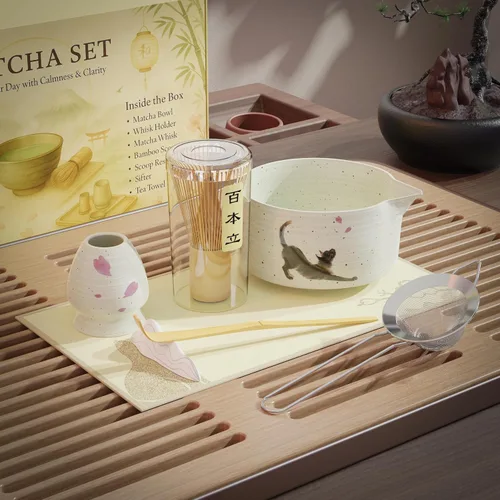 Vista 2 de Juego completo de 8 piezas de matcha – Kit de ceremonia de té matcha japonés con cuenco con estampado de gato, accesorios de bambú y herramientas