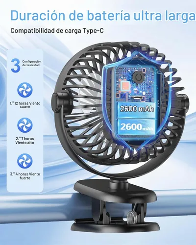 Vista 5 de TCJJ - Ventilador portátil con clip de 5200 mAh recargable para cochecito