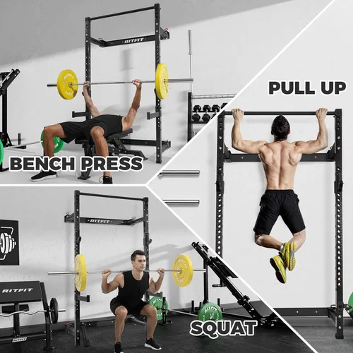 Vista 6 de RitFit 2.36'' x 2.36'' Folding Squat Rack for Home Gym, Wall Mounted Squat Rack with Attachments - Space Saving Squat Power Rack Negro