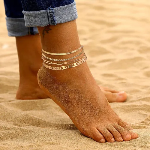 Vista 5 de YADOCA 4 tobilleras doradas para mujer, impermeables, ajustables, de acero inoxidable, tobilleras de playa con eslabones cubanos