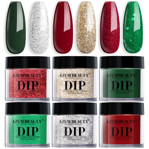 Vista 12 de AZUREBEAUTY - Juego de uñas en polvo para inmersión, rojo navideño, borgoña, rosa, baya, brillo, blanco, plata, purpurina, 6 colores, kit