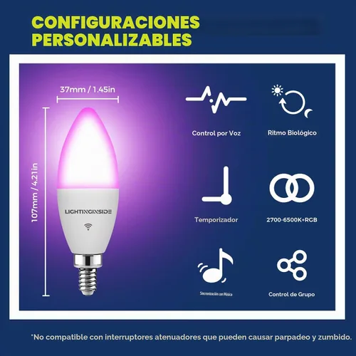 Vista 2 de Bombillas inteligentes E12 equivalente a 60 W, funciona con Alexa/Google Home/Smart Life, 500LM 6W RGBCW Candelabro LED bombillas, no requiere