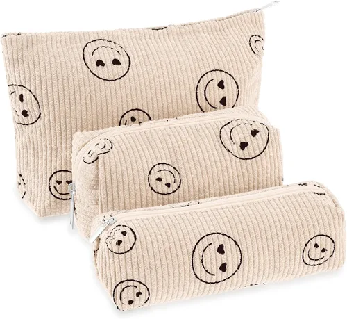 Vista 10 de Huhumy Juego de 3 bolsas de maquillaje para mujeres, bolsa cosmética de pana con sonrisa estética, bolsa de viaje para artículos de tocador, linda