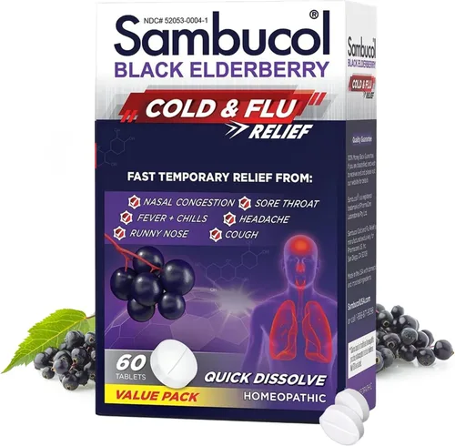Vista 10 de Sambucol Tabletas para aliviar el resfriado y la gripe, medicina homeopática para el resfriado, remedio para adultos, saúco negro para resfriados