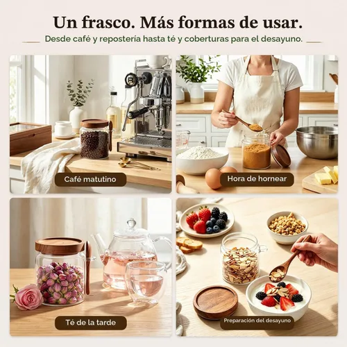Vista 6 de ComSaf Tarros de azúcar con tapas y cucharas de madera de acacia de 0.5