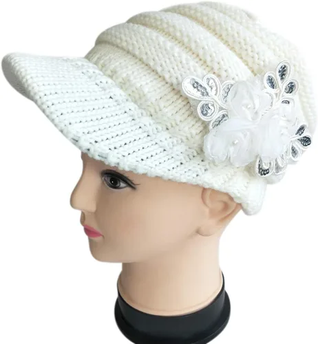 Vista 5 de C-US - Gorro de punto cálido para mujer, con visera de ganchillo con acento de flores