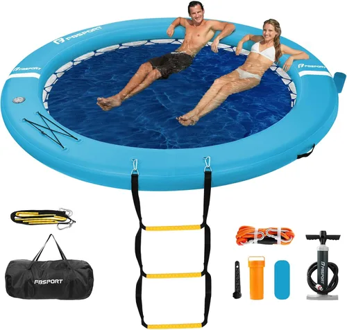 Vista 14 de FBSPORT Hamaca inflable de agua redonda flotante, 10/8/6 pies, plataforma flotante para lago con portavasos, flotador solar, balsa fría, anillo
