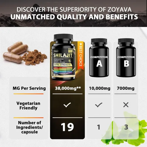 Vista 4 de Suplemento de Shilajit con Musgo Marino, Ashwagandha, Tongkat Ali - Cápsulas de Shilajit Puro del Himalaya de Ácido Fúlvico Orgánico - 90