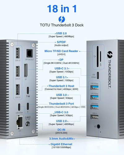 Vista 6 de Base Thunderbolt 3, estación de acoplamiento TOTU 18 en 1 Thunderbolt 3 USB C con 8K DP, 1 Gbps Ethernet, USB-A 10Gbps, USB-C 3.2, SD/TF, audio