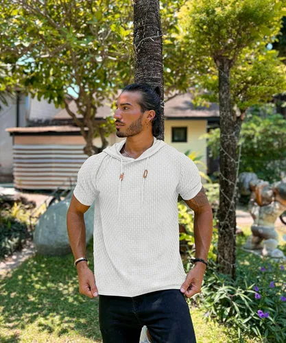 Vista 2 de Zaitun Sudadera con capucha de manga corta para hombre, suéter casual de punto gofre