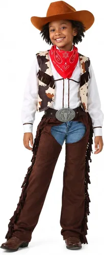 Vista 2 de Kid's Cowgirl Chaps Costume for Girls, Wild West Halloween Outfit, Multicolored Western Rodeo Party Dress Up
