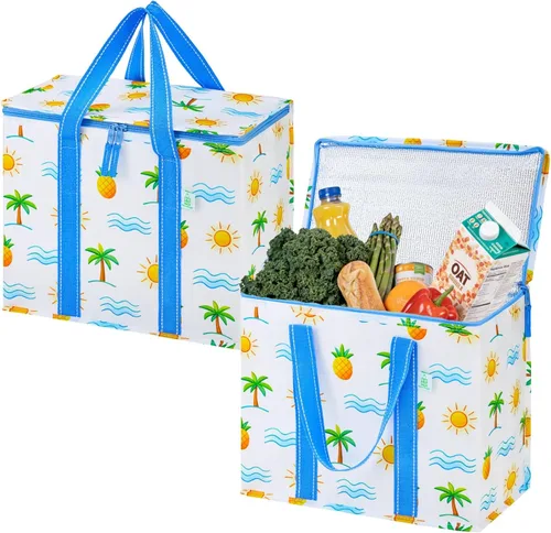 Vista 13 de VENO Paquete de 2 bolsas de almuerzo aisladas, resistentes al agua Raya azul marino clásica