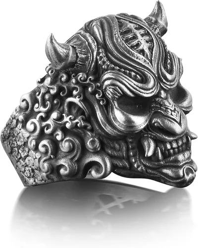 Vista 2 de BySilverStone Jewelry Anillo de plata para hombre, anillo Hannya en plata de ley oxidada, extraordinario anillo gótico para hombres, anillo Oni