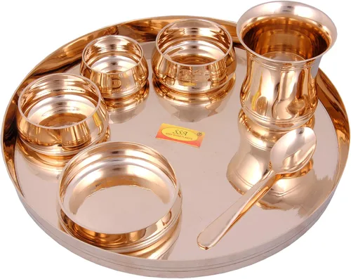 Vista 3 de Shiv Shakti Arts® Bronce Juego de vajilla Kansa Thali - 7 piezas, dorado - (Pure Kansa - Juego de cena de lujo premium)