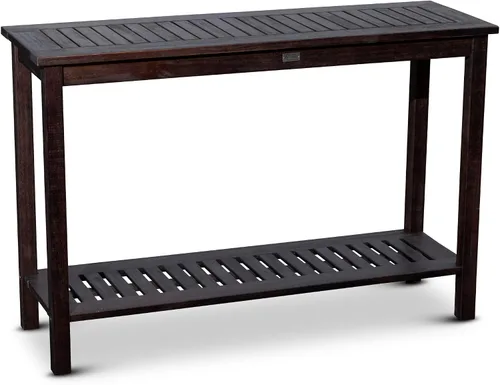 Vista 10 de DTY Outdoor Living Mesa consola de madera de eucalipto, dos estantes para exteriores, acabado marrón resistente a la intemperie