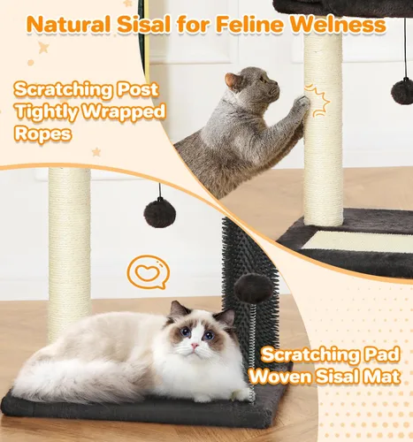 Vista 4 de Made4Pets - Torre de árbol pequeño para gatos, poste rascador para gatos 4 en 1 con cepillo de aseo para gatos, rascador de sisal natural de 20 Gris