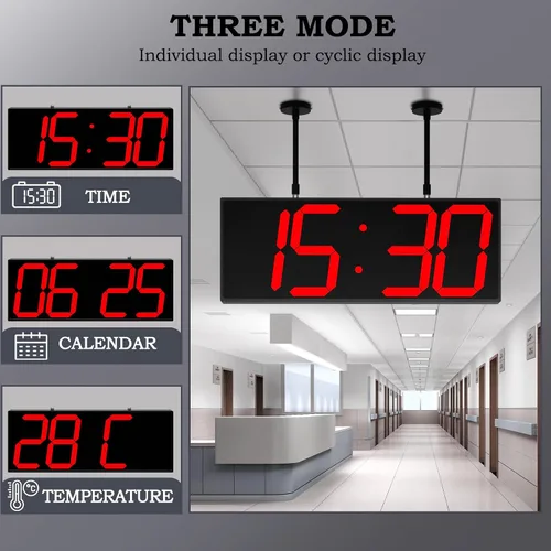 Vista 5 de CHKOSDA Reloj de pared digital grande de 19.5 pulgadas con pantalla de doble cara, reloj digital multifuncional colgante LED con brillo ajustable