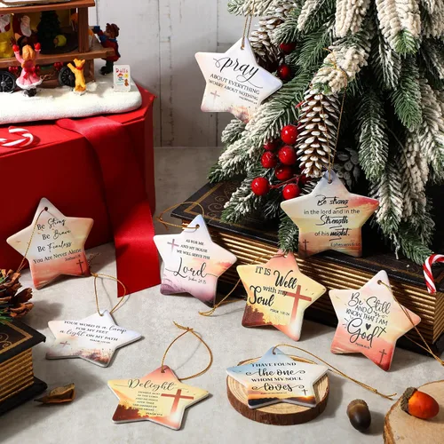 Vista 3 de Barydat 18 adornos de Navidad cristianos, versículo de la Biblia, adornos de cerámica para árbol de Navidad, en forma de estrella, escritura