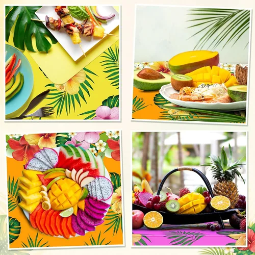Vista 2 de Oudain Mantel hawaiano de 3 piezas de 84 pulgadas con hojas de palmera tropicales, flores redondas, de plástico, desechable, circular, impermeable