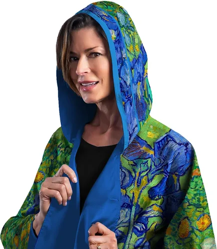 Vista 4 de RainCaper Capa de lluvia para mujer, poncho impermeable con capucha, reversible, arte fino