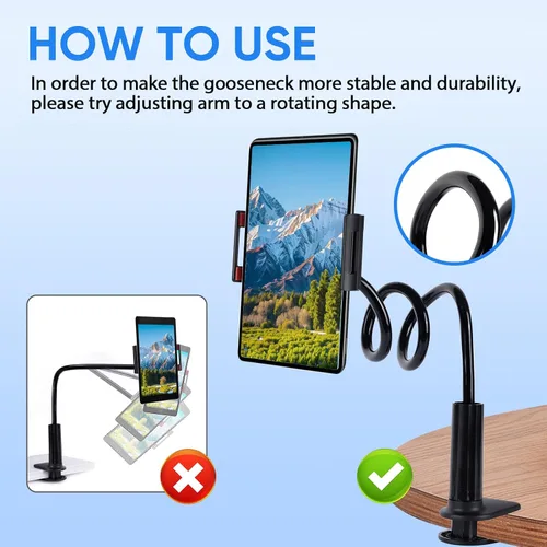 Vista 6 de Soporte para tableta de cuello de cisne para cama, abrazadera de soporte flexible de brazo largo ajustable para soporte de teléfono de escritorio