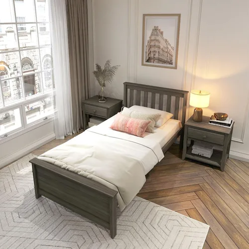 Vista 6 de Plank+Beam - Estructura de cama individual de madera maciza, cama de plataforma con cabecero, arcilla