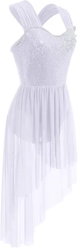 Vista 2 de AFAVOM Vestido de baile con lentejuelas para mujer, con tirantes cruzados, falda de malla fluida, disfraz de baile contemporáneo