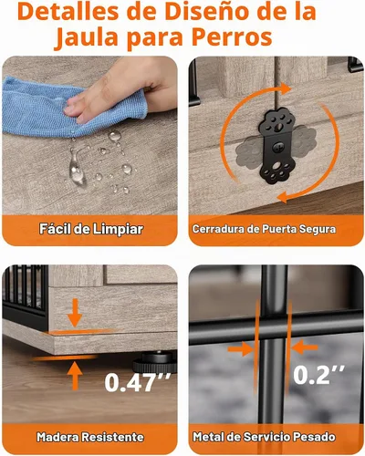 Vista 8 de YaFiti Mueble de jaula para perros con cojín, perrera de madera para interiores con puertas dobles, jaula para perros con ruedas, mesa auxiliar