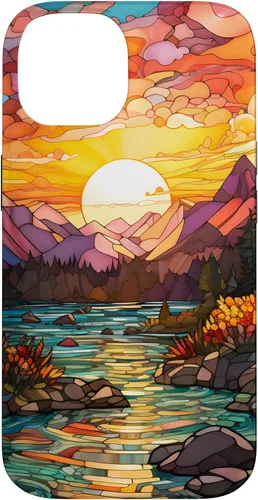 Vista 4 de Sunset Stained Glass Mosaic Landscape Scene Case for iPhone 17