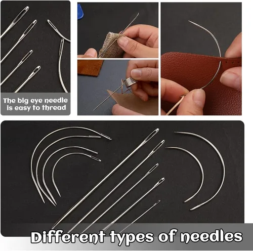 Vista 6 de BUTUZE Kit de reparación de tapicería, kit de costura de cuero, hilo de coser, hilo encerado, agujas de coser a mano resistentes, punzón de costura
