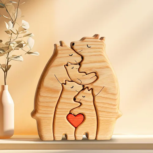 Vista 6 de Rompecabezas de madera familiar con diseño de animales de amor, rompecabezas de oso de madera, pieza decorativa de roble de madera personalizada
