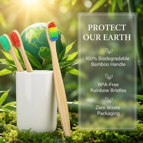 Vista 6 de Cepillos de dientes de bambú de 10 colores vibrantes Cepillos de dientes suaves sin BPA Cepillos de dientes ecológicos biodegradables