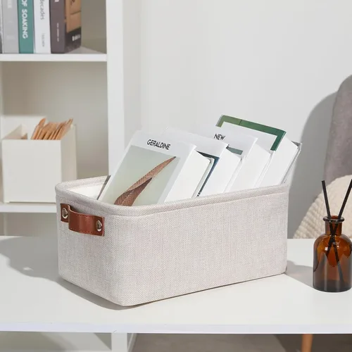 Vista 5 de DULLEMELO Cesta de almacenamiento pequeña para estantes, pequeña cesta plegable de tela rectangular para estantes, armarios, guardería, hogar Beige