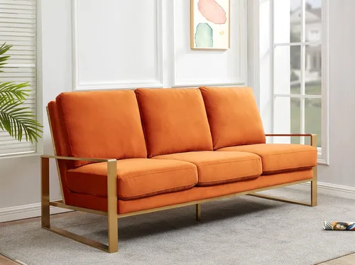 Vista 10 de LeisureMod Jefferson - Sofá moderno de terciopelo de 3 plazas con marco plateado, contemporáneo, para sala de estar, color beige