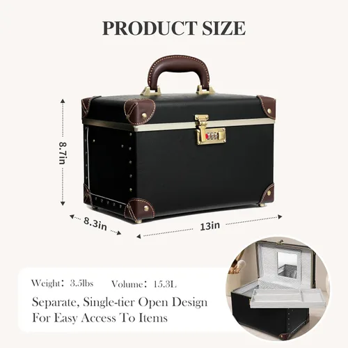 Vista 4 de urecity Estuche de maquillaje vintage de piel artificial, organizador profesional de cosméticos con cerradura de combinación de metal, caja