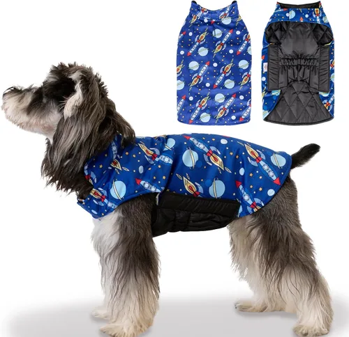 Vista 11 de CuteBone Abrigo de invierno para perro, chaleco reversible impermeable y resistente al viento, chaqueta gruesa ajustable para clima frío con agujero