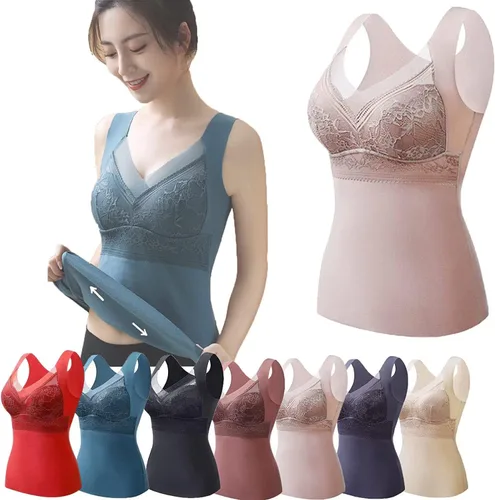Vista 12 de Ropa interior térmica 2 en 1 con brasier incorporado, alta elasticidad, camiseta sin mangas integrada para mujer Negro
