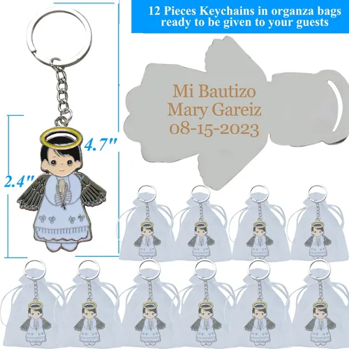 Vista 2 de Regalo personalizado de primera comunión (12 piezas) - Llavero de metal de niño ángel blanco, regalo de bautizo para invitados con grabado/bautismo
