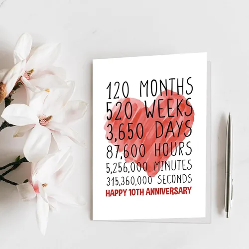 Vista 7 de Qiliji Tarjeta de feliz décimo aniversario para él y ella, tarjeta de décimo aniversario de boda para marido y esposa, divertida tarjeta