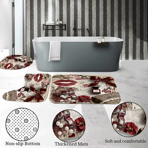Vista 5 de DDQQ Juego de 4 Piezas de Cortina de Ducha de Labios Sexy para Mujeres con Lazo de Perlas, Juego de Decoración de Baño, Cortinas de Baño de Perfume