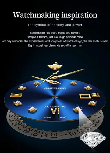 Vista 4 de OUPINKE Relojes mecánicos originales para hombres de lujo dorado con diamantes reales de zafiro de cristal números romanos vestido de negocios