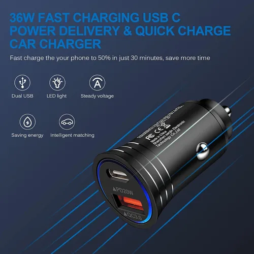 Vista 5 de Cargador del coche del USB C, puerto dual del adaptador del cargador del coche de la carga rápida 38W PD&QC 3,0 Cigarette Lighter USB Plug for